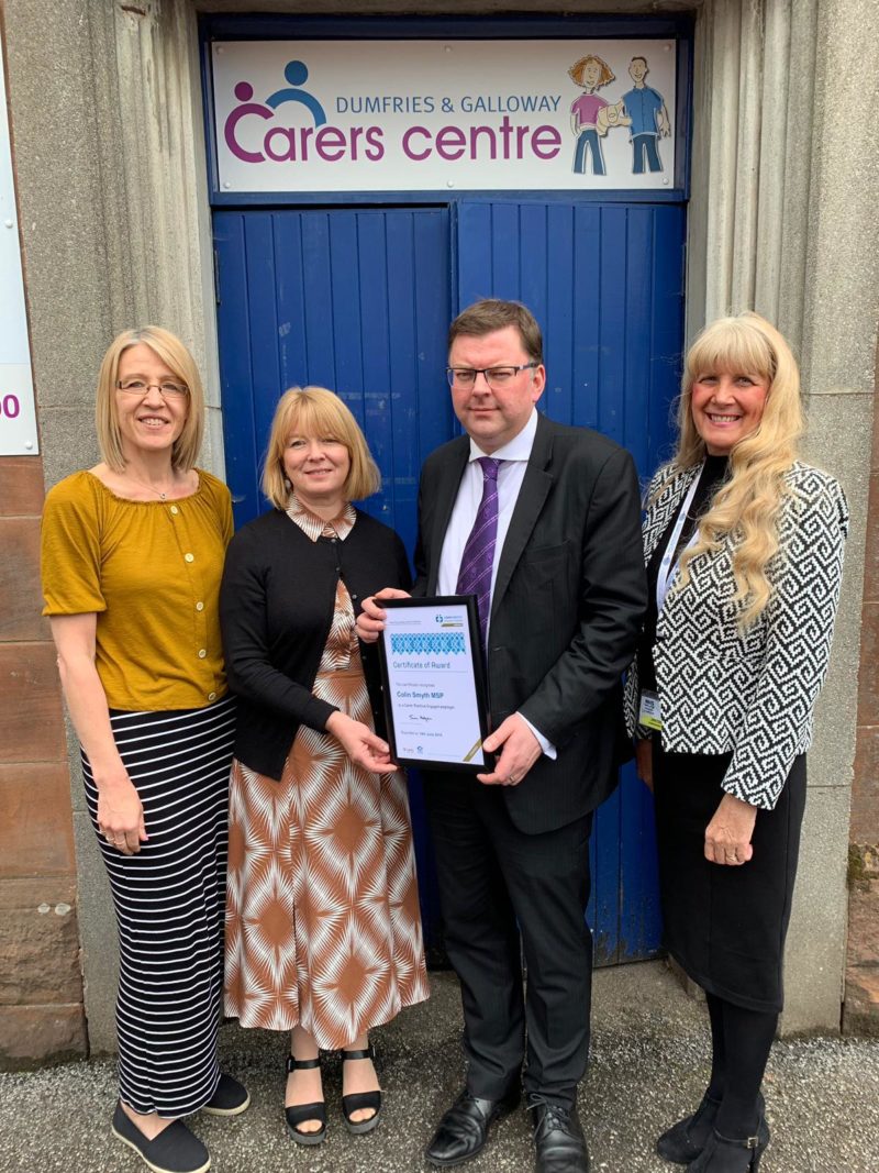 Picture shows Claudine Brindle (Manager – Dumfries and Galloway Carers Centre), Sue McLintock (Carers Scotland), Colin Smyth MSP and Larel Currie (NHS Dumfries and Galloway), photo taken in 2019